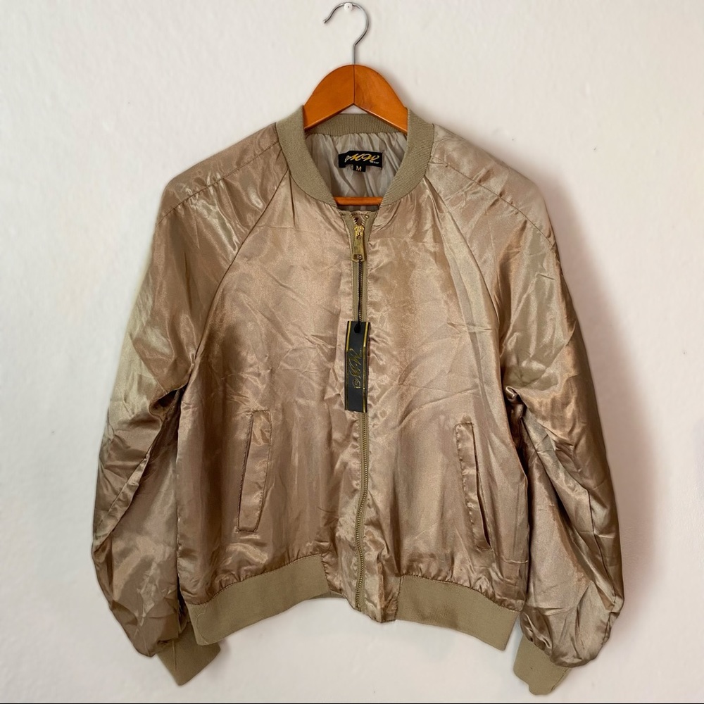 NWT Mega Wear Satin Tan Bomber Jacket